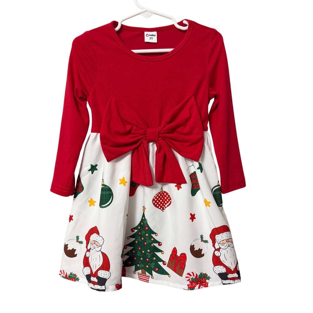 PatPat Toddler Girls Red Christmas Santa Tree Bow Long Sleeve Dress Size 3Y